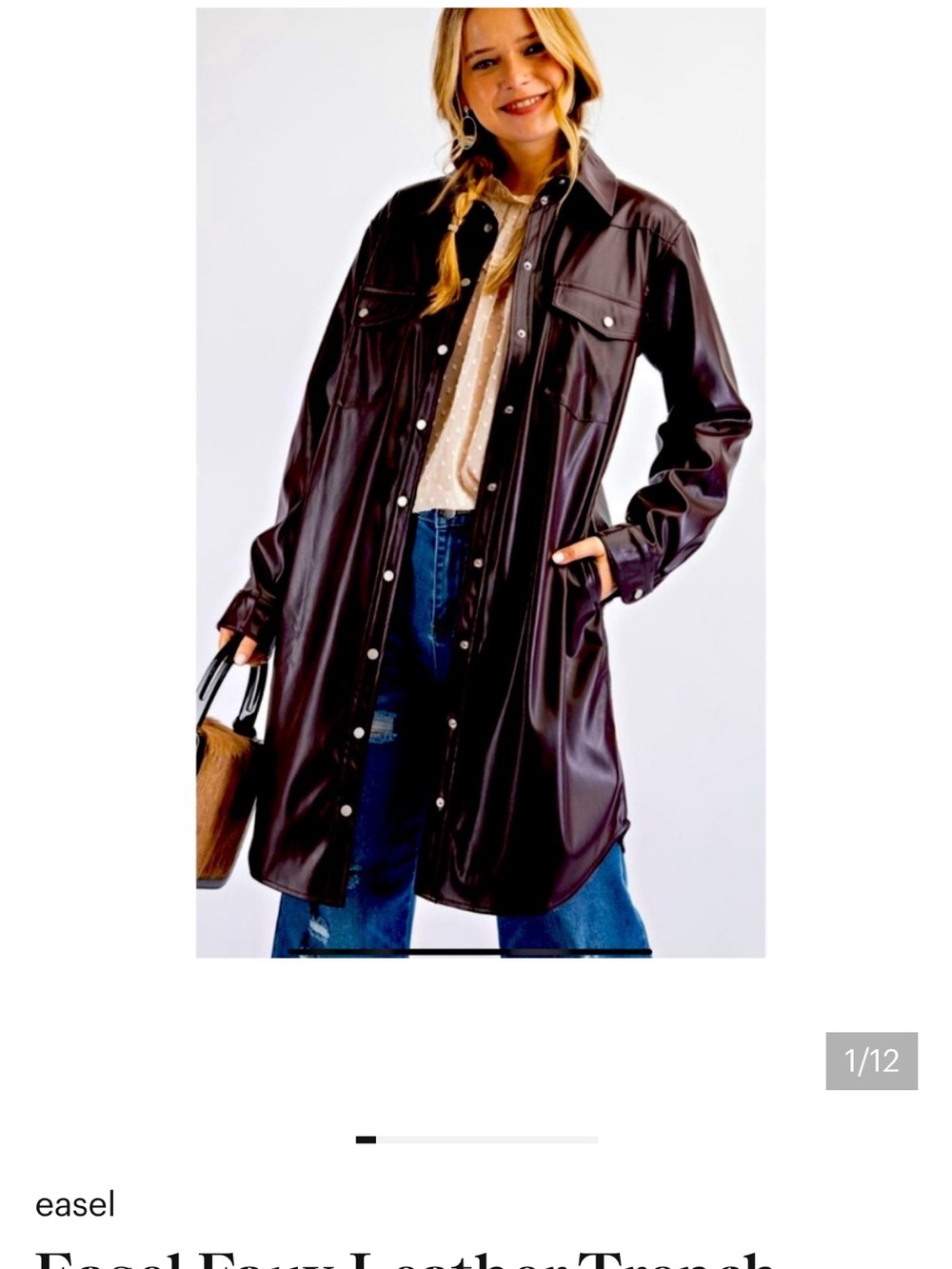 Easel Faux Leather Long Trench Coat in Dark Brown NWT
